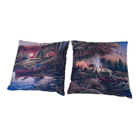 2 Terry Redlin Evening, Morning Solitude Camping Scene Throw Pillows 17"X17" - Picture 7 of 9